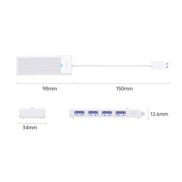 ORICO PW Series 4-Port USB3.0 Hub | USB-A | USB-A3.0 x 4 (5GBPS Sharing) | 15cm |White - Image 2